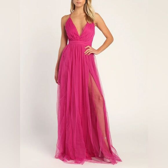 Maniju Magenta Formal Tulle Evening Gown Side Slit - Picture 12 of 12